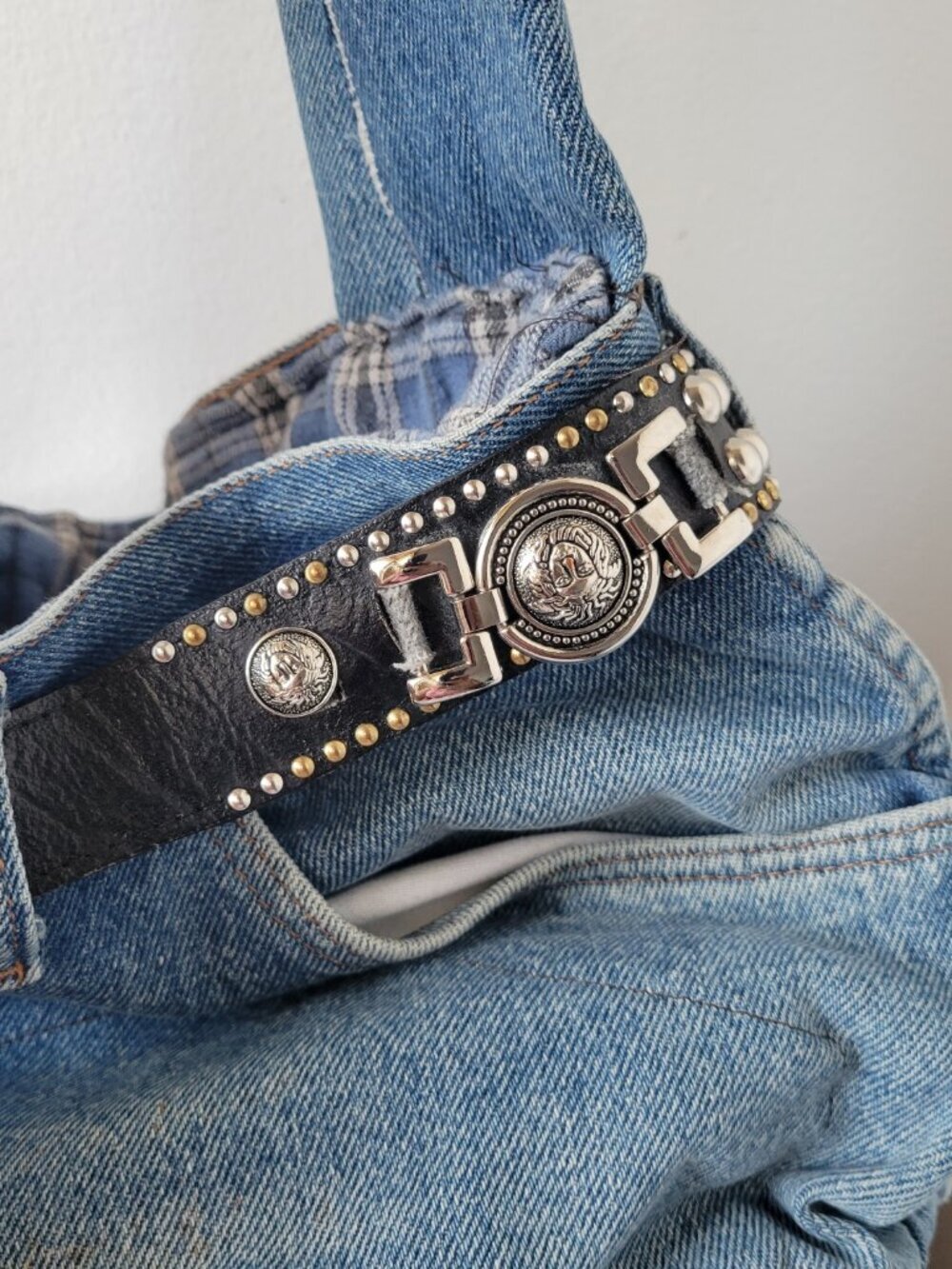 Handmade Upscaled Denim Blue Jean Crossbody Handbag w/ Black Studded Belt - Picture 14 of 16